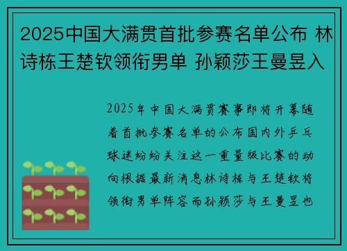 2025中国大满贯首批参赛名单公布 林诗栋王楚钦领衔男单 孙颖莎王曼昱入围女单